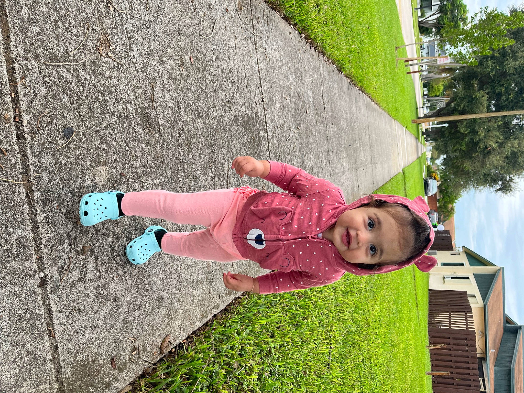Sophia is registered to the contest to win money with this photo: baby, child, fun, grass, happy, house, lawn, leaf, leisure, magenta, people_in_nature, person, plant, play, recreation, sky, toddler, tree, walking_shoe, window