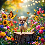 Troy joined the competition — help win amazing prizes! dog, bow_tie, tree_stump, flower_garden, butterflies, sunflowers, tulips, colorful_flowers, green_grass, string_lights, nature, outdoor, small_dog, cute, portrait, spring, bright, whimsical, animal, pet