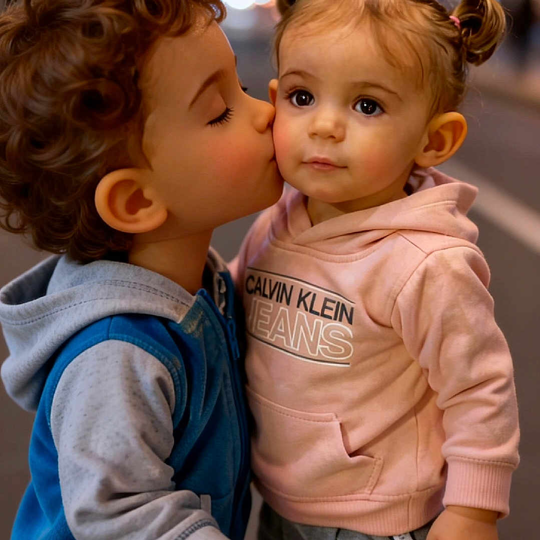 Kezio a rejoint le concours — aidez-le/la à gagner de superbes lots ! affection, bokeh, calvin_klein, casual_clothing, child, curly_hair, cute, emotion, hoodie, kiss, love, night, outdoor, people, pigtails, portrait, street, toddler, urban, warm_lighting