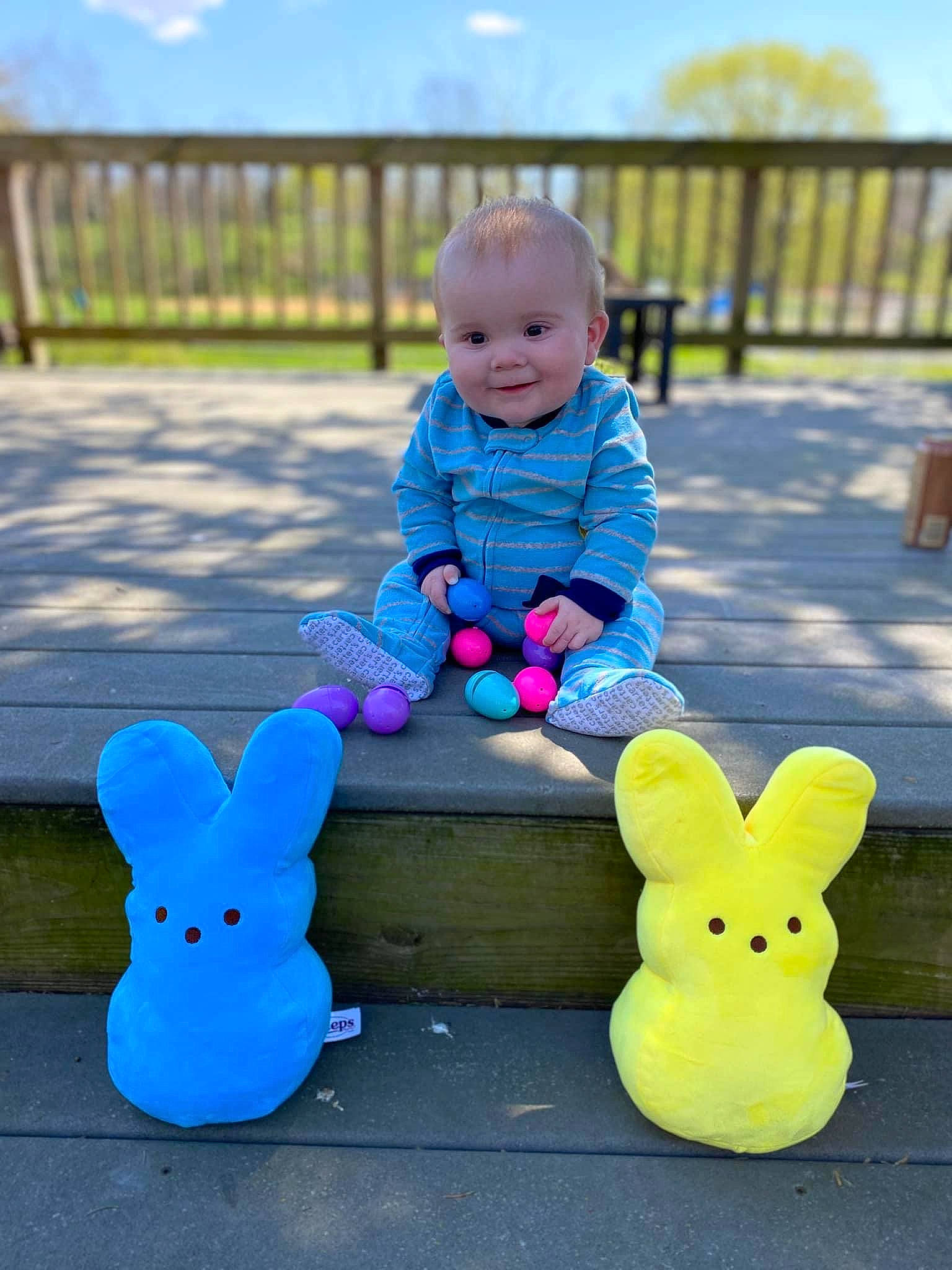 Shawn is registered to the contest to win money with this photo: baby, baby_toddler_clothing, blue, child, electric_blue, fun, grass, happy, joy, leisure, magenta, people_in_nature, person, pink, purple, sitting, sky, smile, stuffed_toy, toddler