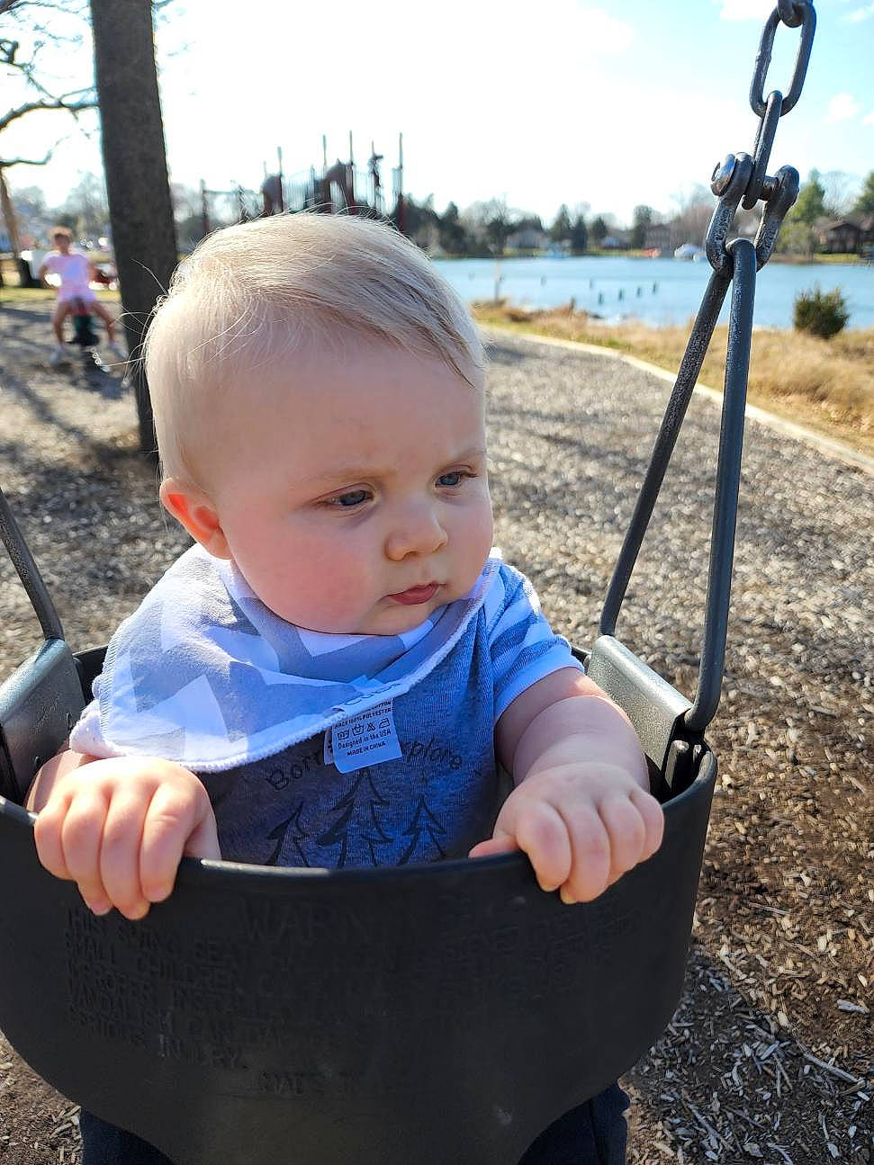 Colter joined the competition — help win amazing prizes! baby, baby_carriage, baby_toddler_clothing, fun, grass, hand, happy, head, leaf, leisure, person, plant, product, recreation, skin, sky, summer, swing, toddler, travel