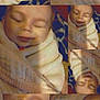 baby, blanket, sleeping, smile, close_up, collage, wrapped, soft_texture, face, peaceful, infant, cozy, warm_lighting, child, portrait, indoors, comfort, toddler, cute, resting
