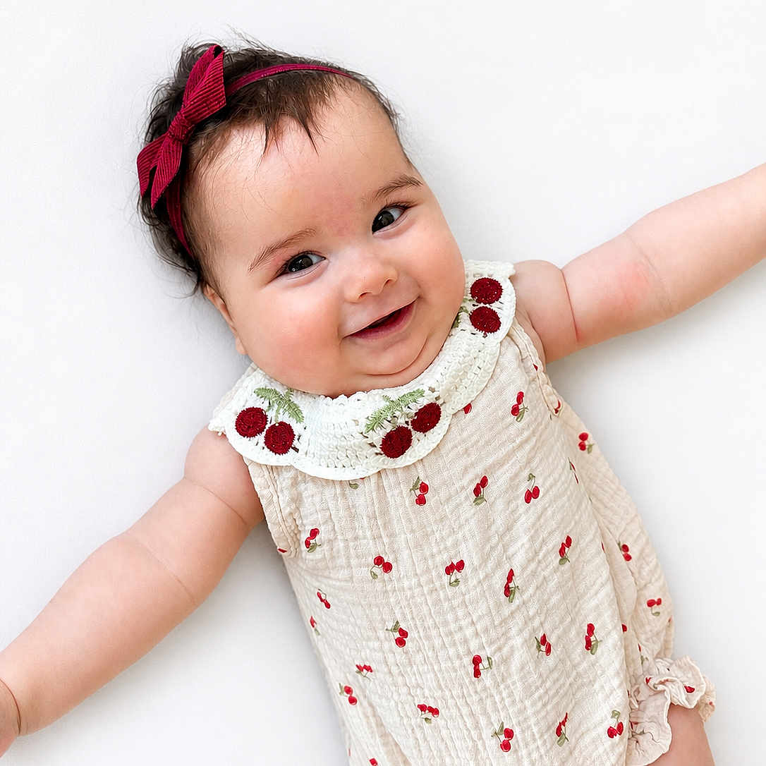 Livia is registered to the contest to win money with this photo: baby, infant, smile, chubby_cheeks, headband, red_bow, romper, cherry_pattern, cute, happy, lying_down, white_background, arms_outstretched, adorable, child, portrait, face, skin, person, young