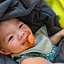 baby, pacifier, blanket, quilt, bib, smile, child, infant, face, clothing, hand, yellow, blue, cute, cozy, resting, indoors, soft, comfort, portrait