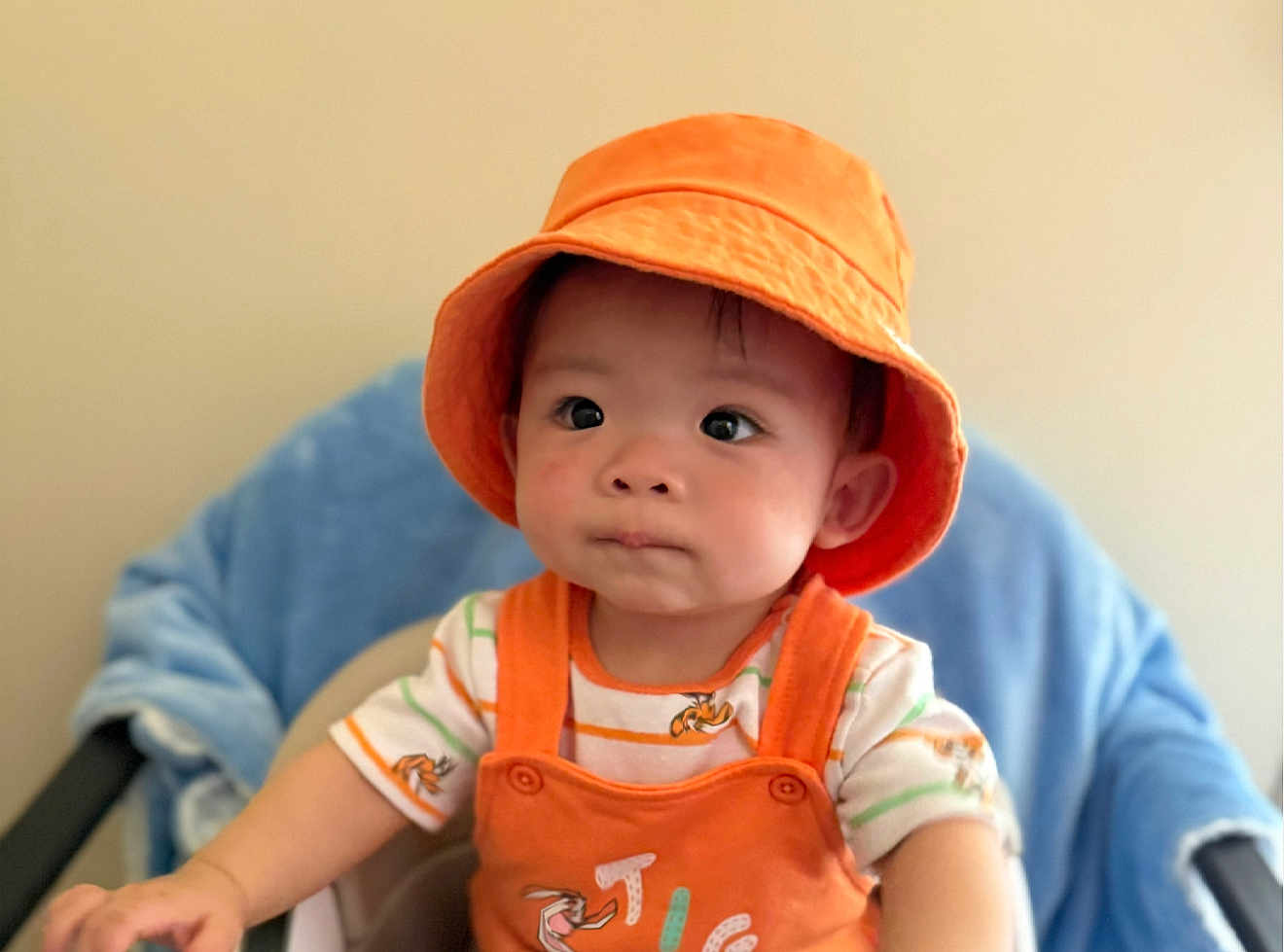 Aiden is registered to the contest to win money with this photo: toddler, child, orange_hat, orange_overalls, high_chair, blue_blanket, indoor, baby, cute, portrait, clothing, person, face, headwear, sitting, expression, young_child, infant, casual, closeup