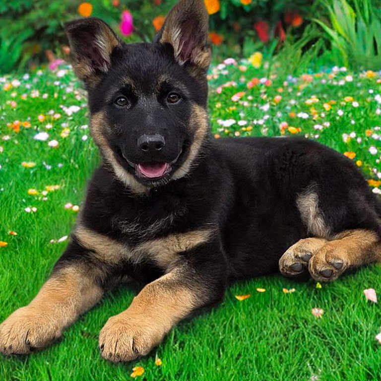 Odin is registered to the contest to win money with this photo: animal, canine, daisy, dog, field, flower, geranium, germanshepherd, grass, grassland, green, lawn, nature, outdoors, pet, plant, policedog, puppy