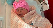 Lakelynn joined the competition — help win amazing prizes! baby, bassinet, blanket, child, congratulations_label, cute, footprints, hat, hospital, indoors, infant, medical, newborn, peaceful, pink_bow, portrait, resting, sleeping, swaddled, wrapped