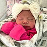 Lakelynn joined the competition — help win amazing prizes! baby, blanket, bow, child, closeup, cozy, cute, face, headband, indoors, infant, newborn, peaceful, pink_clothing, portrait, resting, sleeping, small_hands, soft_texture, wrapped