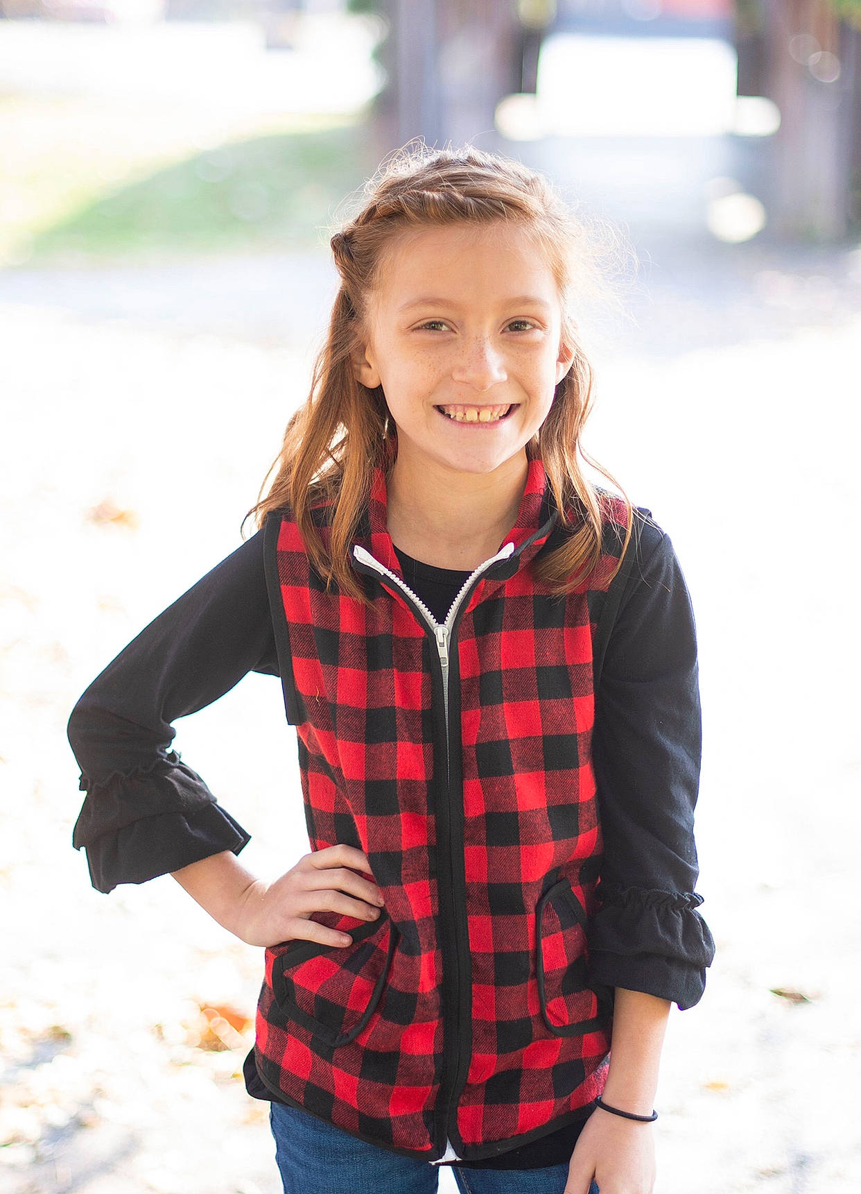 Kayanna is registered to the contest to win money with this photo: child, child_model, clothing, design, face, fashion, jacket, joy, outerwear, pattern, people, person, photograph, photography, plaid, red, sleeve, smile, street_fashion, tartan