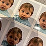 Ethan participe au concours pour gagner de l'argent avec cette photo : toddler, child, portrait, photo_print, curly_hair, blue_shirt, multiple_images, grid_layout, close_up, face, eyes, expression, studio_background, photography, paper, shadow, texture, indoor, person, young_child