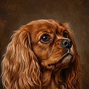 Albert joined the competition — help win amazing prizes! dog, cavalier_king_charles_spaniel, spaniel, pet, portrait, close_up, brown_coat, long_hair, floppy_ears, curly_fur, glossy_nose, large_eyes, animal, canine, illustration, digital_art, painted_style, headshot, brown_background, adorable
