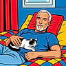 Rascal joined the competition — help win amazing prizes! illustration, man, cat, cartoon, pop_art, beard, white_hair, couch, patterned_cushion, blue_shirt, relaxing, indoor, portrait, colorful, yellow, red, black, white, hand, feline