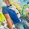Rascal is registered to the contest to win money with this photo: man, cat, sleeping, cuddle, bed, pillow, blue_shirt, jeans, patchwork_quilt, indoor, watercolor_style, artistic_background, tree, clouds, relaxation, pet, companion, rest, peaceful, colorful