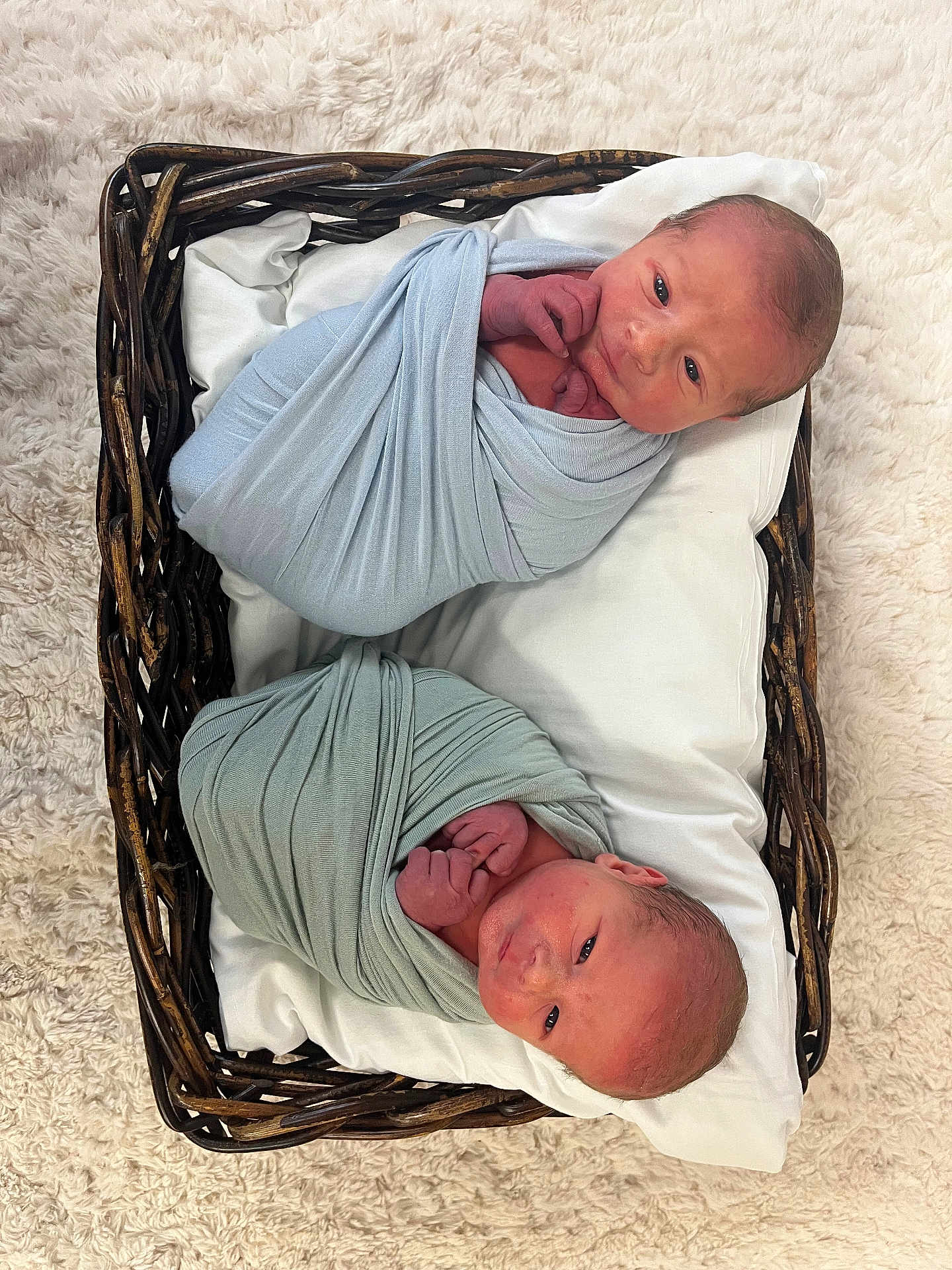 Oliver And Colton joined the competition — help win amazing prizes! newborn, baby, swaddle, basket, infant, wrapped, cute, sleeping, resting, soft, carpet, blanket, twin, newborn_babies, face, hands, cozy, portrait, indoor, child