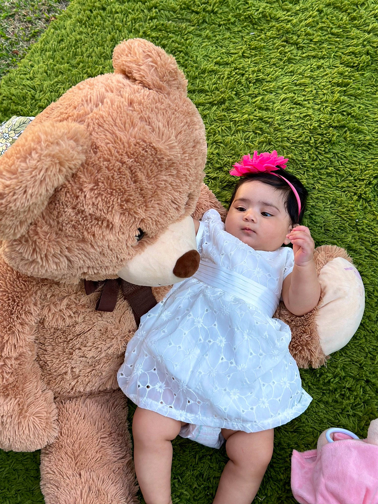 Amber joined the competition — help win amazing prizes! baby, baby_toddler_clothing, botany, cap, dress, fun, fur, gesture, grass, happy, headgear, headpiece, mammal, people, people_in_nature, person, pink, plant, sitting, toddler