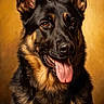 dog, shepherd, black_and_tan, portrait, animal, pet, canine, pointed_ears, open_mouth, tongue, friendly, alert, sitting, long_coat, fur, brown_markings, golden_background, digital_art, illustration, close_up