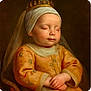 baby, child, crown, regal, portrait, classical_painting, closed_eyes, soft_lighting, veil, orange_clothing, hands_folded, young_child, historical_style, calm, peaceful, indoor, fabric_texture, headwear, artistic, portrait_painting