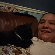 Binks joined the competition — help win amazing prizes! animal, black_cat, casual, cat, closeup, collar, comfort, companionship, couch, feline, friendship, home, indoor, leisure, person, pet, relaxing, resting, shirt, smile