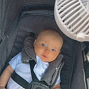 Huntley-Jaxson is registered to the contest to win money with this photo: baby, baby_care, blue_eyes, child, closeup, clothing, comfort, cute, dark_shorts, fan, indoor, infant, portrait, relaxing, safety_harness, seat, small_fan, stroller, white_shirt, young_child