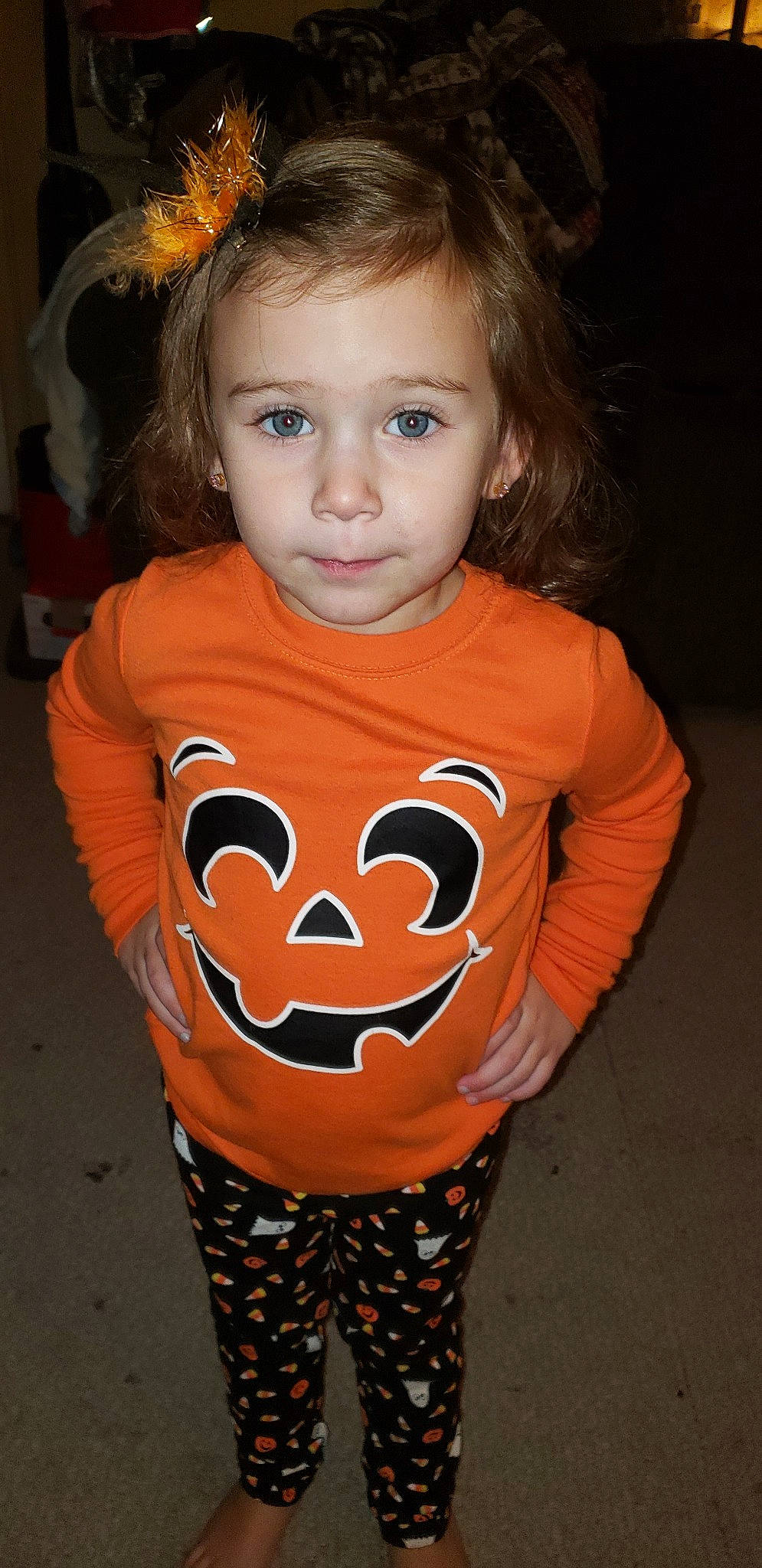 Geneva joined the competition — help win amazing prizes! child, child_model, costume, face, lip, neck, orange, person, sleeve, smile, t_shirt, toddler