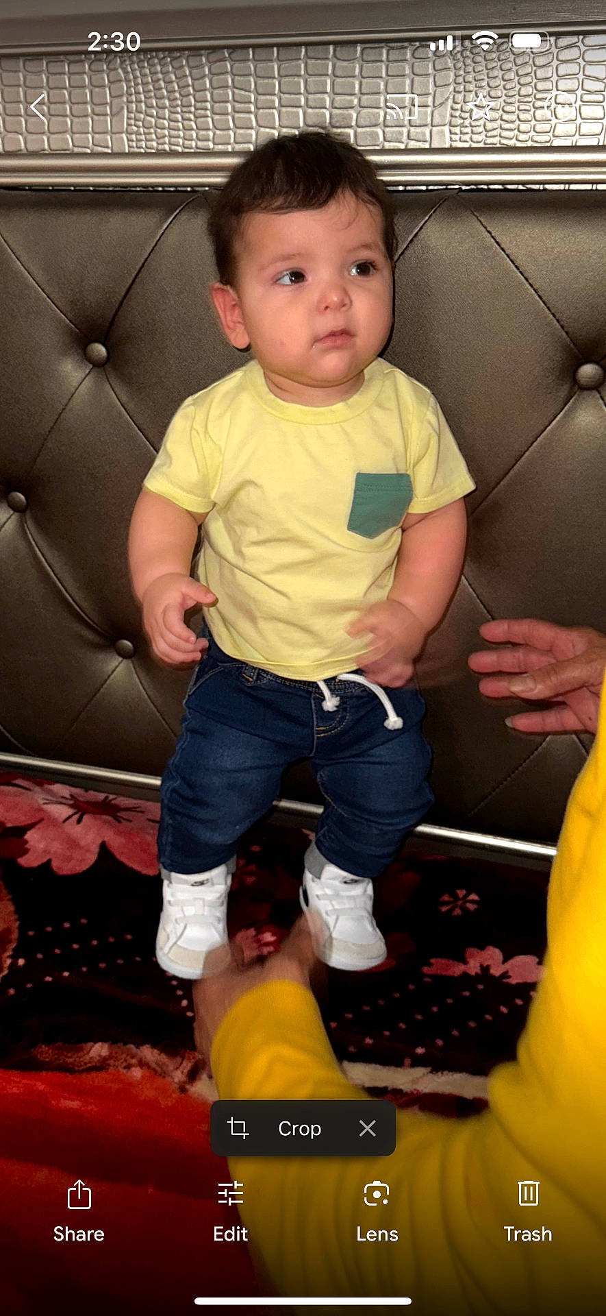 Ethan is registered to the contest to win money with this photo: baby, bodypart, boy, child, clothing, couch, face, finger, footwear, furniture, hand, head, jeans, male, pants, person, photography, portrait, shoe, sneaker