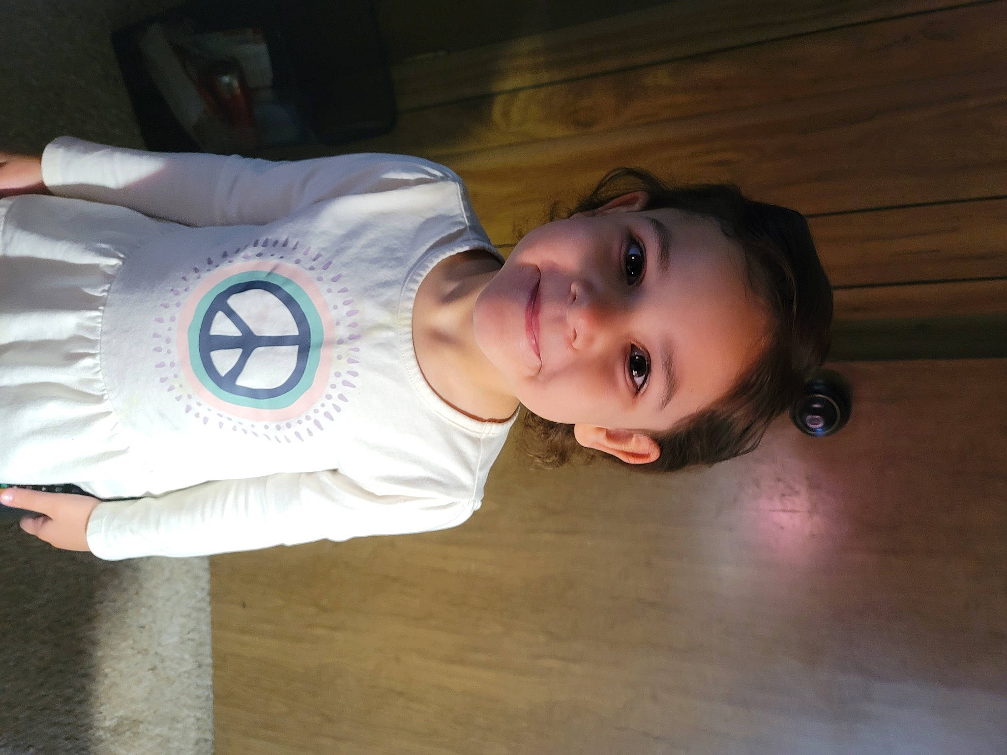 Brinlee joined the competition — help win amazing prizes! active_shirt, baby_toddler_clothing, cheek, child, elbow, electric_blue, flash_photography, flooring, fun, happy, hardwood, joy, mammal, nose, person, skin, sleeve, smile, t_shirt, toddler