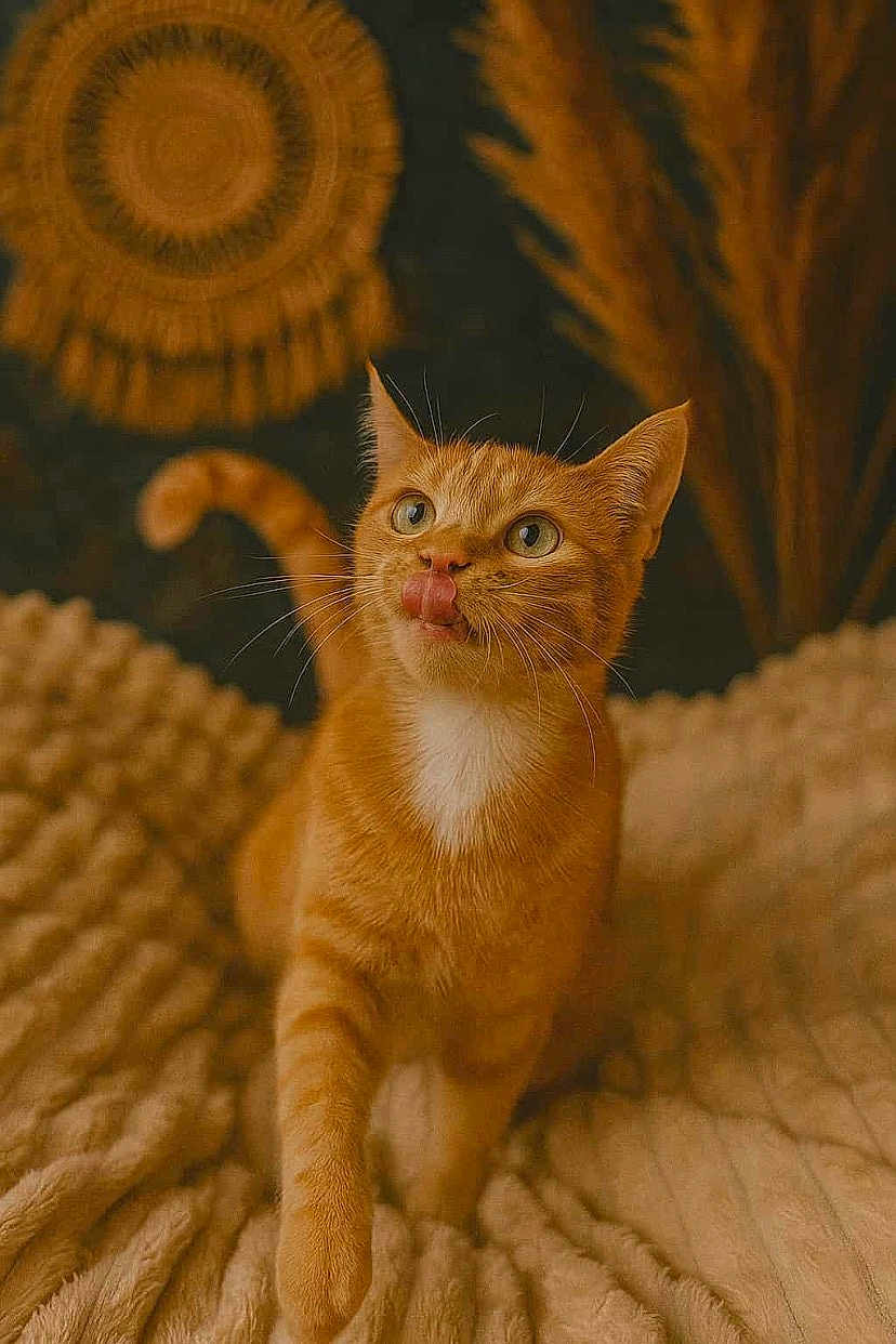 Oslow participe au concours pour gagner de l'argent avec cette photo : animal, background, blanket, cat, close_up, cozy, curious, cute, feline, fur, ginger_cat, indoor, licking, pet, portrait, relaxed, soft_light, texture, warm_tones, whiskers
