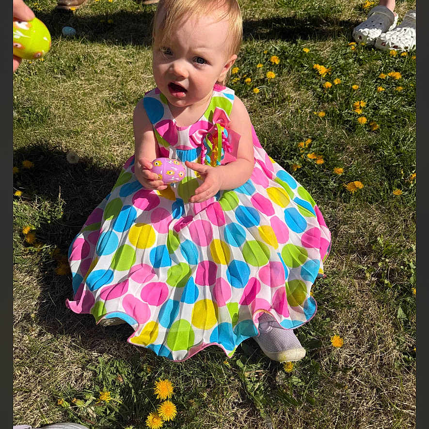 Alivia is registered to the contest to win money with this photo: casual_shoes, child, colorful_dress, dandelion, easter_egg, flower_field, girl, grass, hand, outdoor, patterned_clothing, people_legs, playtime, polka_dot, portrait, shoes, sitting, sunlight, surprised_expression, toddler