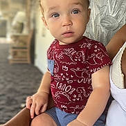 Kaiden is registered to the contest to win money with this photo: toddler, child, person, indoor, clothing, sitting, hand, face, blue_eyes, dinosaur_pattern, shorts, lap, blurred_background, skin, curly_hair, casual_wear, expression, holding, adult_arm, portrait