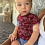 toddler, child, person, indoor, clothing, sitting, hand, face, blue_eyes, dinosaur_pattern, shorts, lap, blurred_background, skin, curly_hair, casual_wear, expression, holding, adult_arm, portrait