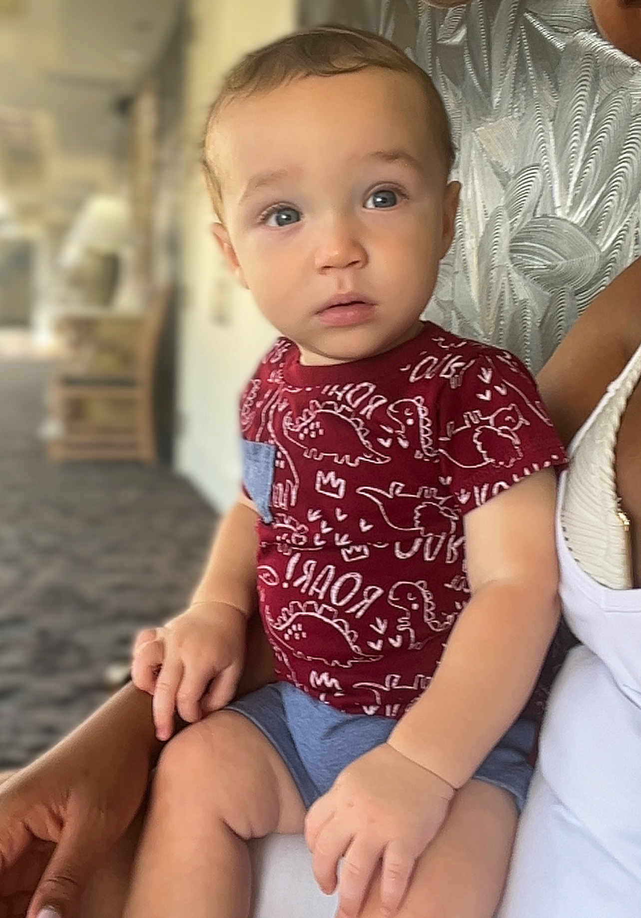 Kaiden is registered to the contest to win money with this photo: toddler, child, person, indoor, clothing, sitting, hand, face, blue_eyes, dinosaur_pattern, shorts, lap, blurred_background, skin, curly_hair, casual_wear, expression, holding, adult_arm, portrait