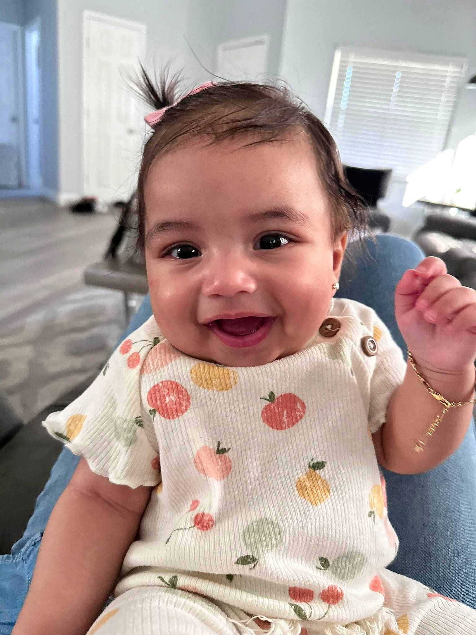 Giana joined the competition — help win amazing prizes! baby, baby_products, baby_toddler_clothing, cheek, child, chin, dress, eyelash, facial_expression, finger, fun, happy, joy, pattern, person, sitting, skin, sleeve, smile, t_shirt