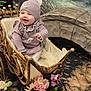 Ivy is registered to the contest to win money with this photo: baby, child, cozy, cute, decorative, flowers, greenery, happy, hat, knitwear, outdoor, person, portrait, purple_clothing, sitting, smiling, stone, stroller, vintage, wicker