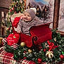 Ivy is registered to the contest to win money with this photo: baby, child, christmas, christmas_tree, cute, decorations, festive, garland, gift_box, holiday, indoor, knit_hat, knit_sweater, ornaments, plaid_blanket, portrait, red, sleigh, smile, winter