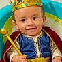 baby, child, crown, king, costume, scepter, cape, blue_outfit, smiling, bubbles, tub, golden, portrait, happy, indoor, cute, infant, seated, playful, royalty