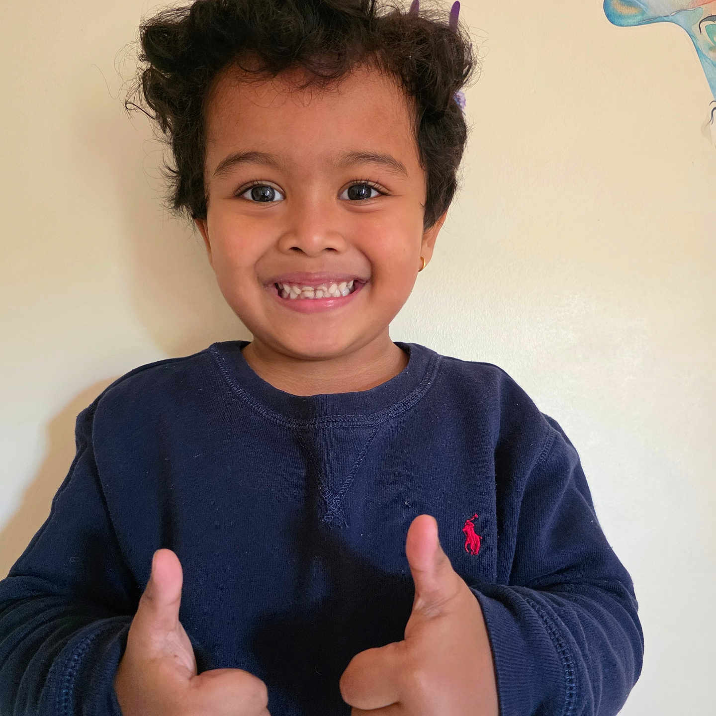 Shritik joined the competition — help win amazing prizes! butterflies, casual_clothing, child, curly_hair, cute, earring, expression, face, happy, head, indoor, light_background, navy_sweatshirt, person, portrait, positive_gesture, smiling, thumbs_up, wall_art, young