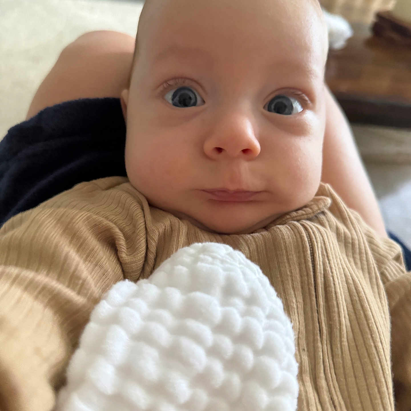 Leo is registered to the contest to win money with this photo: baby, infant, face, eyes, expression, blanket, clothing, person, portrait, indoor, skin, head, sitting, closeup, cute, young, child, human, texture, warm
