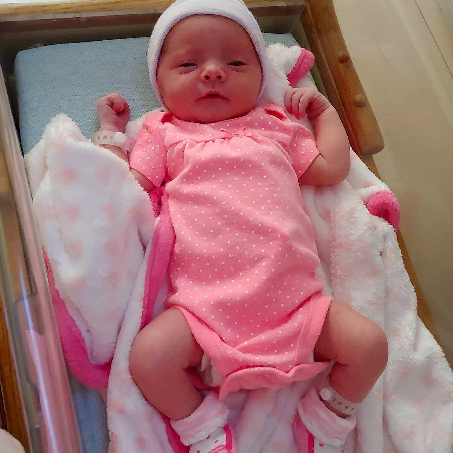 Aubrie joined the competition — help win amazing prizes! baby, baby_products, baby_safety, baby_sleeping, cheek, child, headwear, person, pink, skin, textile, toddler