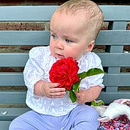 Léna participe au concours pour gagner de l'argent avec cette photo : baby, bench, blue_eyes, child, curious, cute, face, flower, hand, head, infant, nature, outdoor, plant, portrait, purple_pants, rose, sitting, skin, white_lace