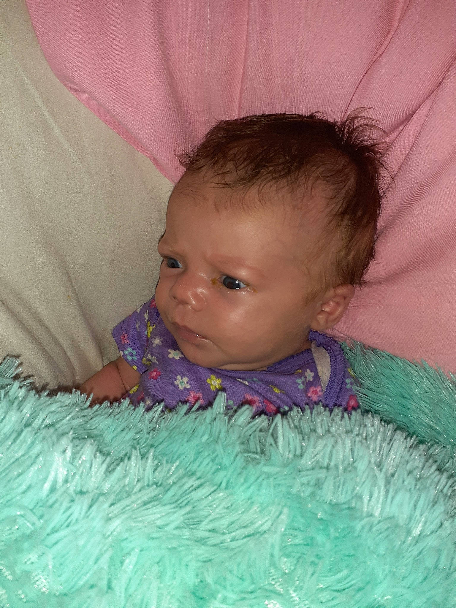 Gracelynn Kaye is registered to the contest to win money with this photo: baby, bed, bedding, cheek, child, chin, eye, face, forehead, head, iris, linens, lip, mouth, nose, person, pink, product, skin, textile