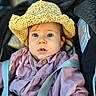 baby, blue_eyes, car_seat, child, closeup, clothing, crocheted_hat, curious, cute, face, hat, headwear, indoors, person, pink_jacket, portrait, sitting, straps, toddler, young_child