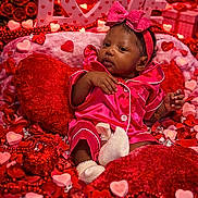 Alynncia joined the competition — help win amazing prizes! baby, infant, pink_pajamas, headband, bow, heart_shapes, red_hearts, pink_hearts, plush_pillows, love_sign, valentine_theme, beads, decorations, cute, portrait, indoor, celebration, holiday, soft_toys, relaxed