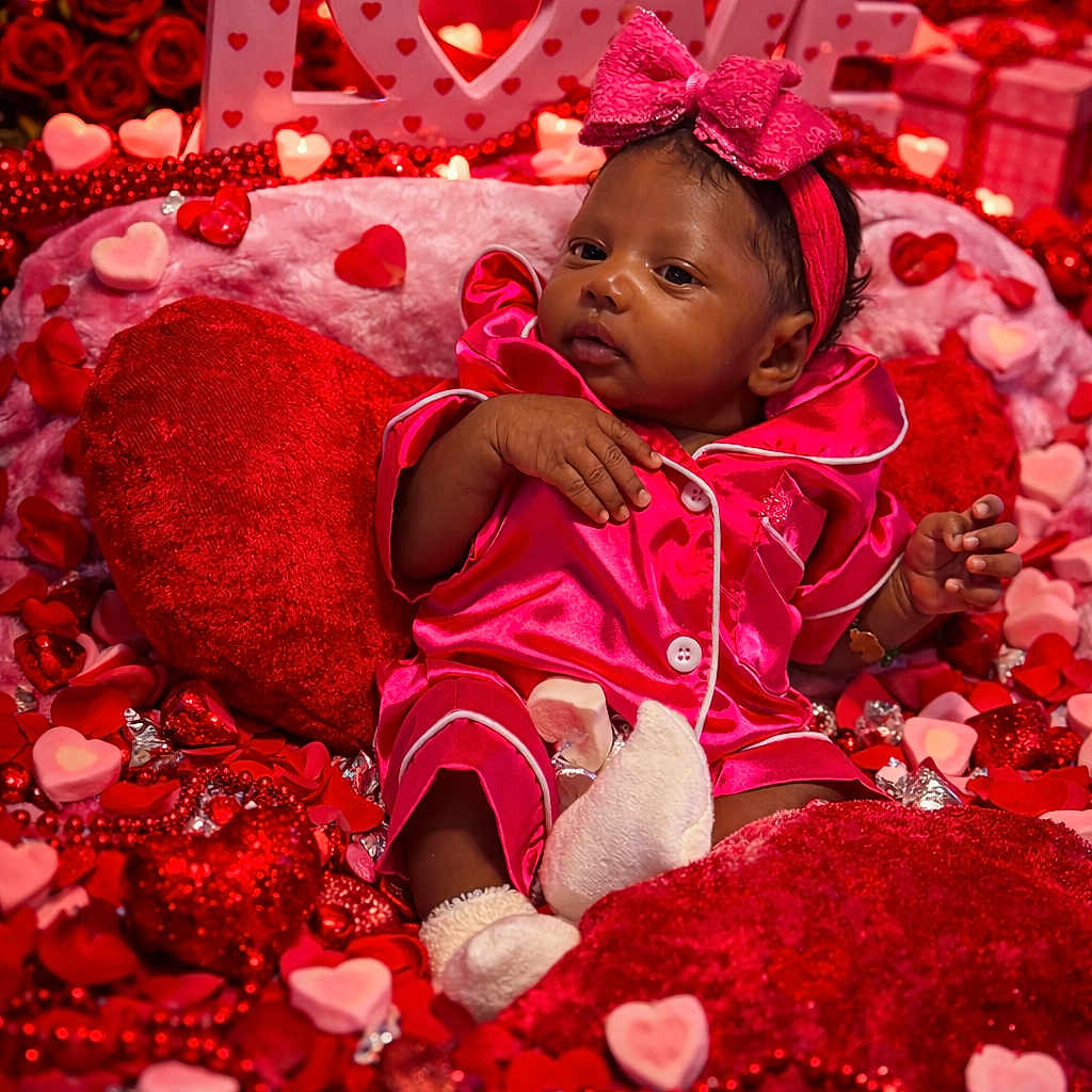 Alynncia joined the competition — help win amazing prizes! baby, beads, bow, celebration, cute, decorations, headband, heart_shapes, holiday, indoor, infant, love_sign, pink_hearts, pink_pajamas, plush_pillows, portrait, red_hearts, relaxed, soft_toys, valentine_theme