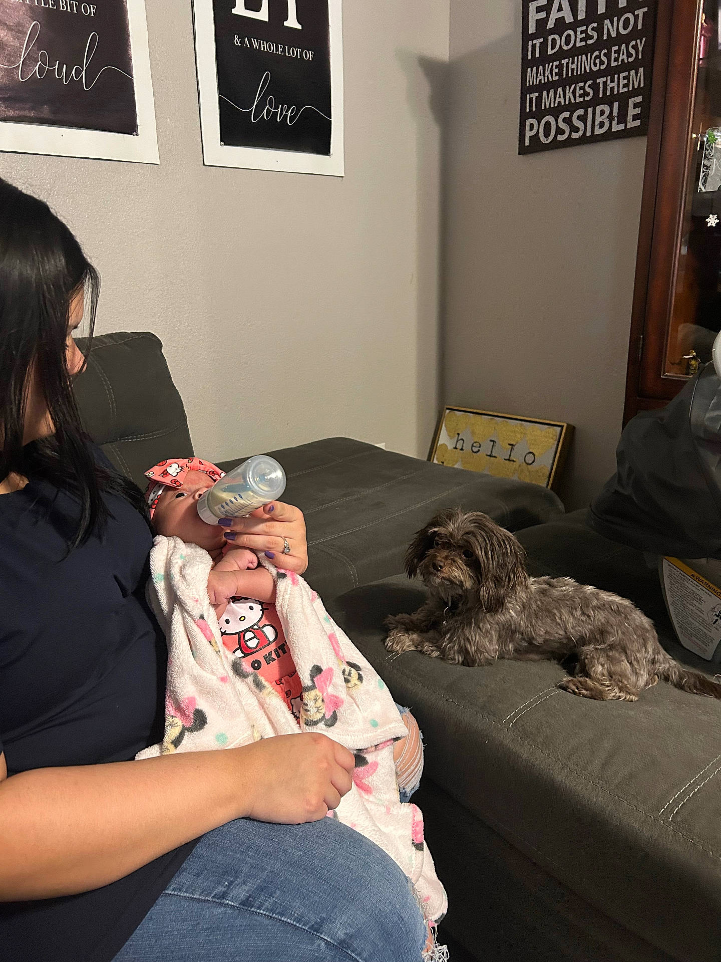 Cocoa joined the competition — help win amazing prizes! baby, blanket, bottle, casual, clothing, comfort, couch, decor, dog, family, feeding, headwear, home, indoor, love, pet, relaxation, sitting, wall_art, woman