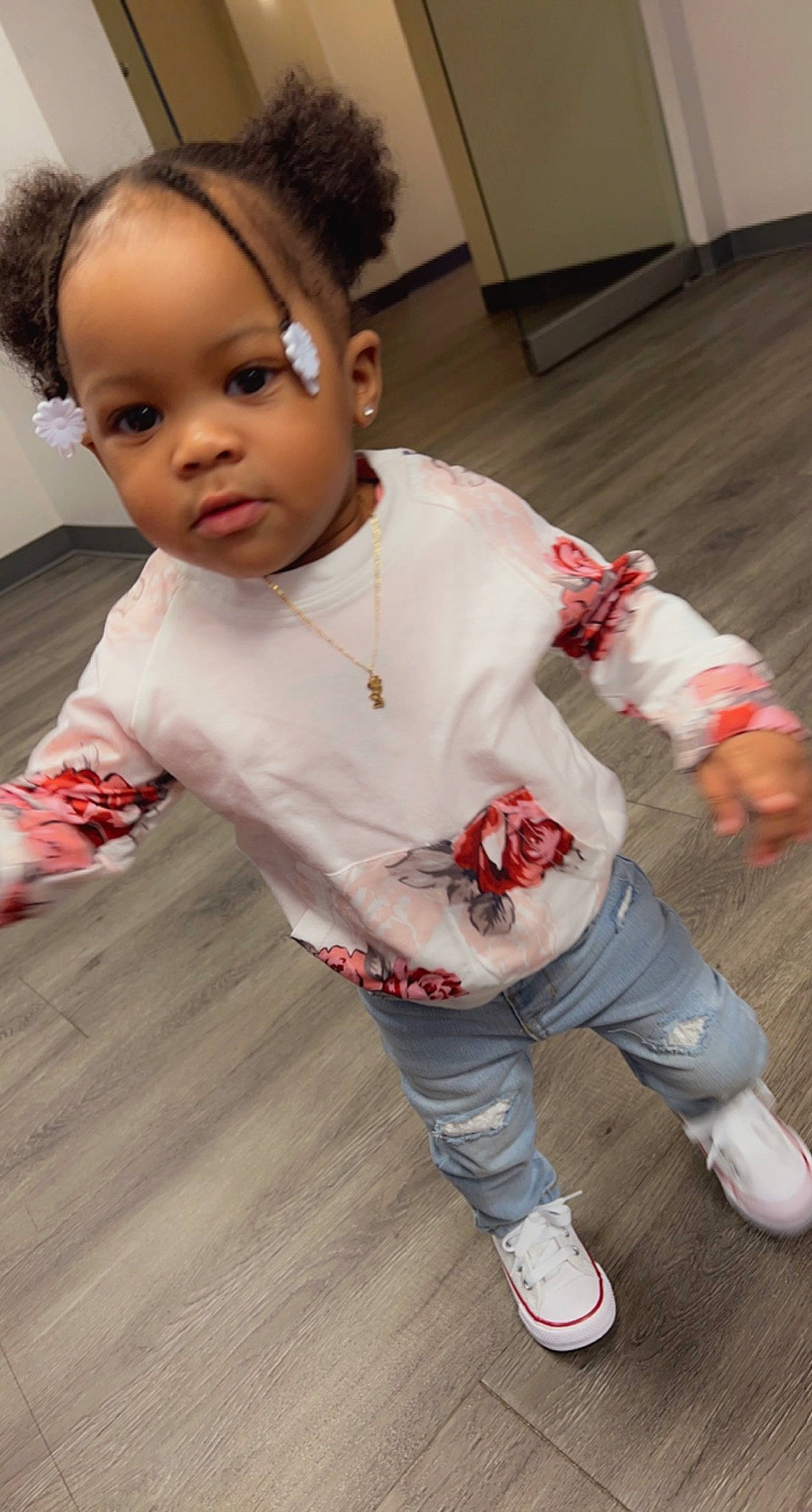 Malia Jai joined the competition — help win amazing prizes! baby, baby_toddler_clothing, cheek, child, door, eye, face, floor, flooring, fun, hairstyle, happy, head, human_body, leg, nose, person, skin, sleeve, sock