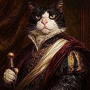 King joined the competition — help win amazing prizes! animal, cat, clothing, costume, dignified, embroidery, fabric, feline, gold, historical, indoor, luxury, noble, painting_style, portrait, pose, regal, royal, scepter, velvet