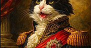 King joined the competition — help win amazing prizes! animal_portrait, black_and_white_cat, cat, classical_background, costume, decorative, epaulettes, fancy_clothing, formal, fur, historic_style, medals, military_uniform, painting, pet, portrait, red_sash, regal, royalty, whiskers