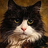 cat, black_and_white, portrait, fluffy_fur, close_up, animal, pet, yellow_eyes, whiskers, feline, majestic, detailed, fur_texture, indoor, looking_at_camera, cute, domestic_cat, animal_portrait, soft_lighting, serious_expression