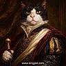 King joined the competition — help win amazing prizes! animal_portrait, artificial, black_fur, cat, costume, decorative, detailed, digital_art, elaborate, fabric, gold, historical_style, luxury, noble, portrait, red_cloth, royal_clothing, scepter, white_fur, yellow_eyes