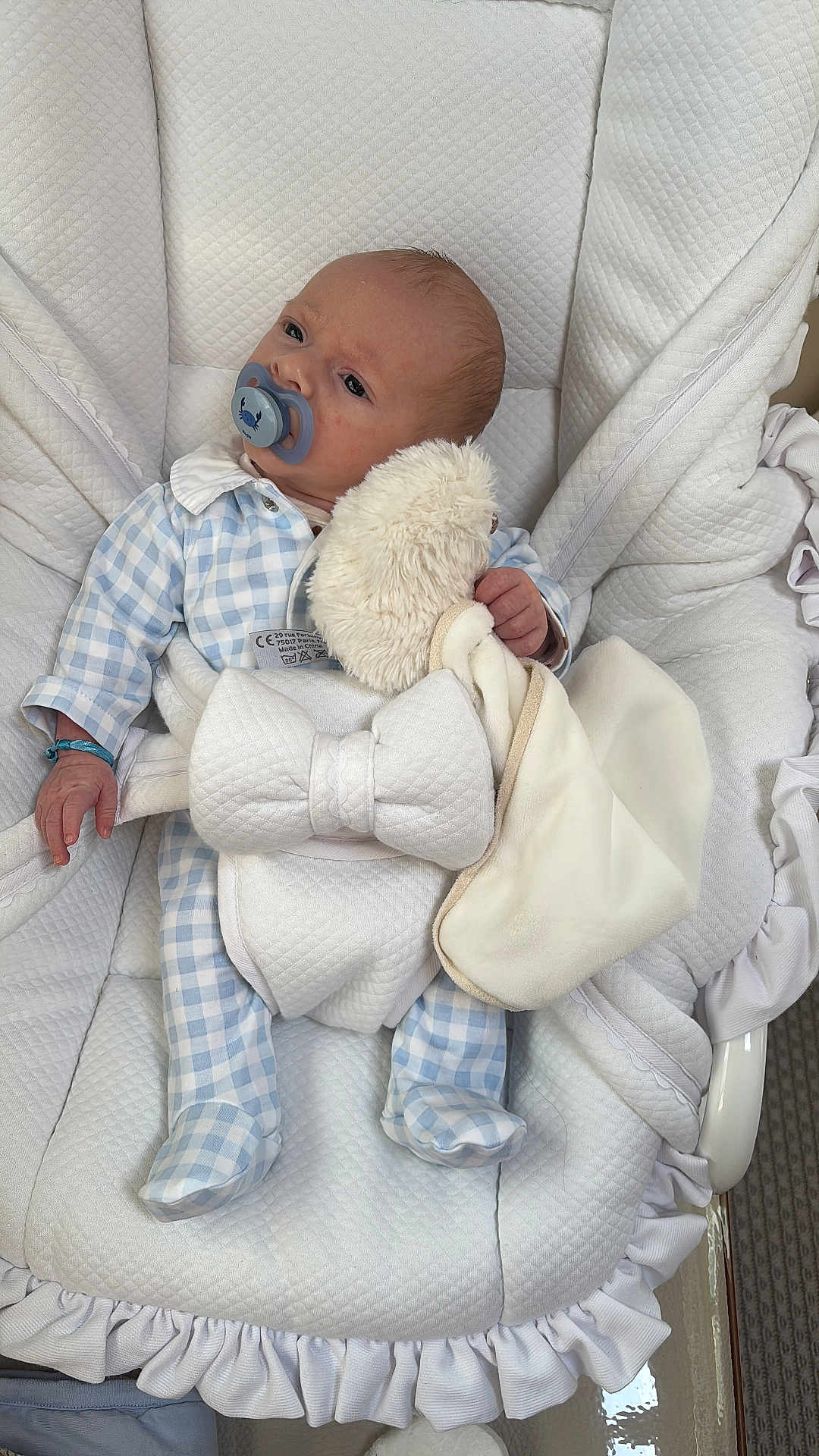 Gabriel participe au concours pour gagner de l'argent avec cette photo : baby, infant, pacifier, onesie, blanket, stuffed_toy, bassinet, quilted, white, blue, clothing, sleepwear, hand, face, head, person, indoor, resting, soft_toy, comfort